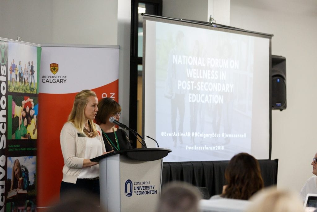Two people standing at a podium with microphones with roll-up screen behind them. The screen reads "National Forum on Wellness in Post-Secondary Education".
