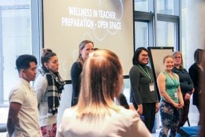 Pre-service teachers and education faculty members participate in an Open Space Meeting at the 2019 National Forum on Wellness in Post-Secondary Education.