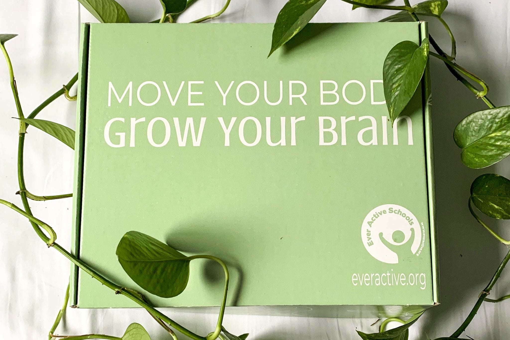 The second EAS Box, themed Move Your Body, Grow Your Brain. A green box with the theme title in white, surrounded by leafy vines.