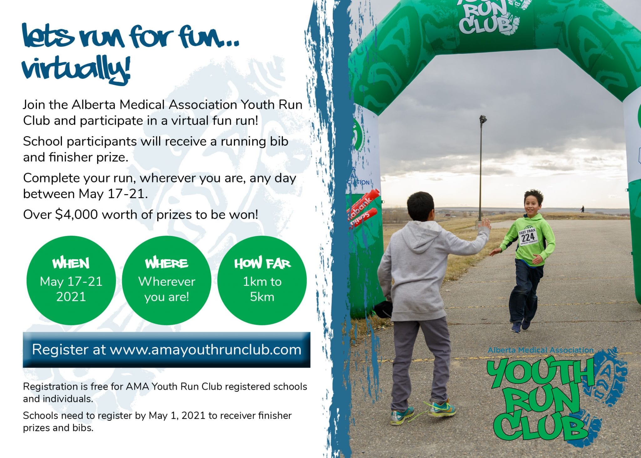 Graphic with virtual fun run text on left side and photo of a student running through a green arch, reaching for a high-five from a peer.