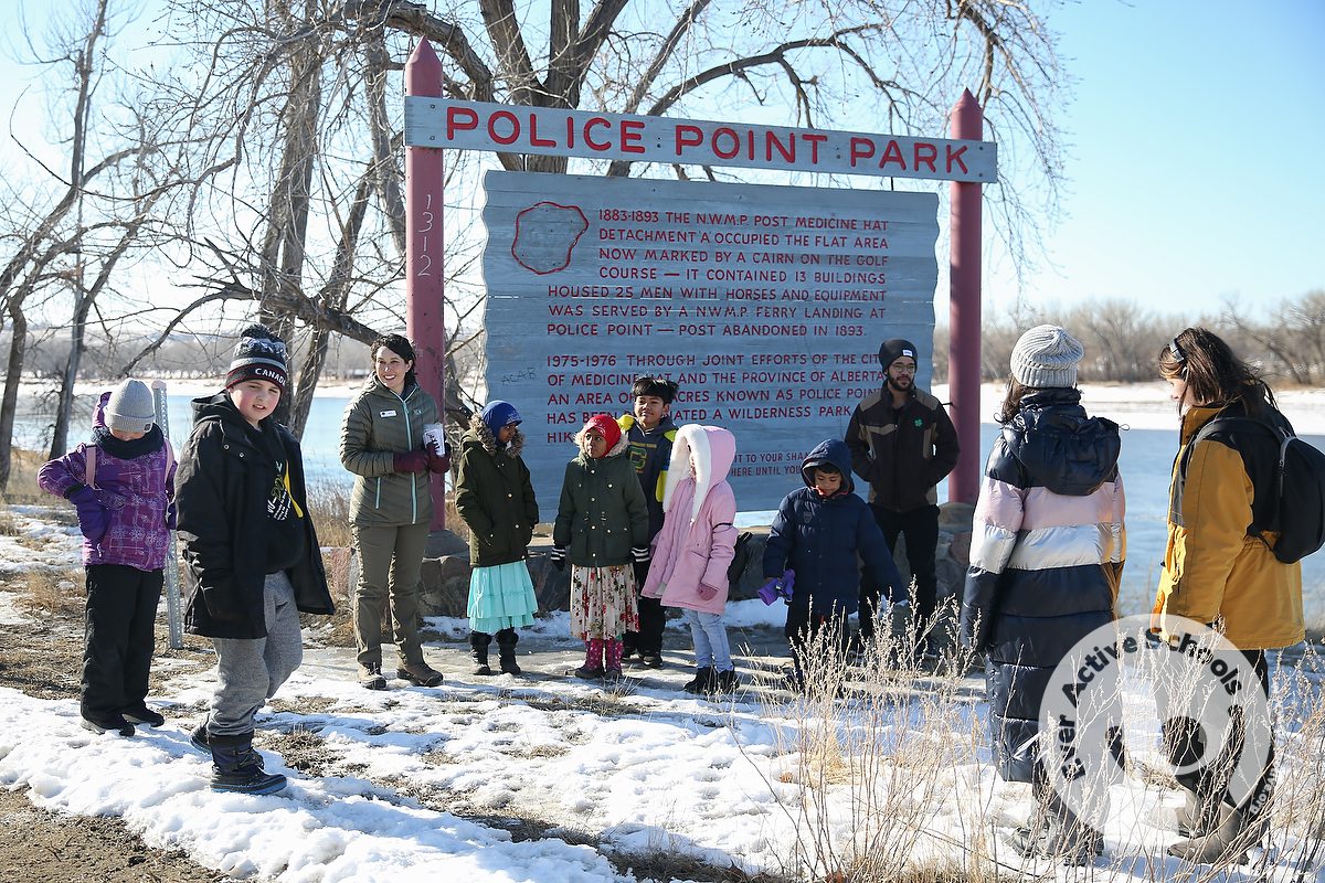 A group of new Canadian children and youth embark on a guided nature walk at Police Point Park in Medicine Hat, Alta as part of a Resettlement Through Recreation celebration day with Ever Active Schools.