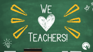 A chalkboard background with various chalk drawings with centered text that reads "We heart teachers!" to celebrate the Educator advisory council