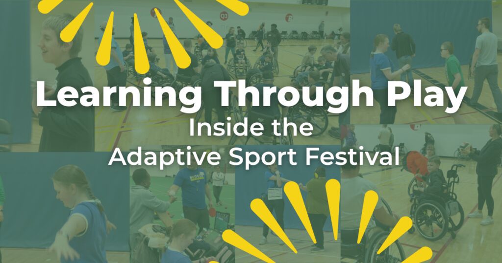 White text reads "Learning Through Play" in bold. Below that text reads "Inside the Adaptive Sport Festival" in normal text. In the background there is various images of people playing games, playing wheelchair basketball and stretching. All the images are slightly transparent to show a dark green background. At the top and the bottom of the image, yellow joylines are seen sticking out slightly.