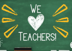 A chalkboard background with various chalk drawings with centered text that reads "We heart teachers!" to celebrate the Educator advisory council