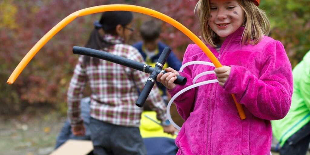 Grade 3/4 students from Connect Charter school engage in Loose Parts Play at YMCA Camp Riveredge in Calgary on 20180920.