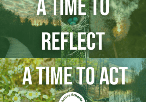Earth Day blog image with a background of various outdoor images with text that reads "A Time to Reflect, A Time to Act".