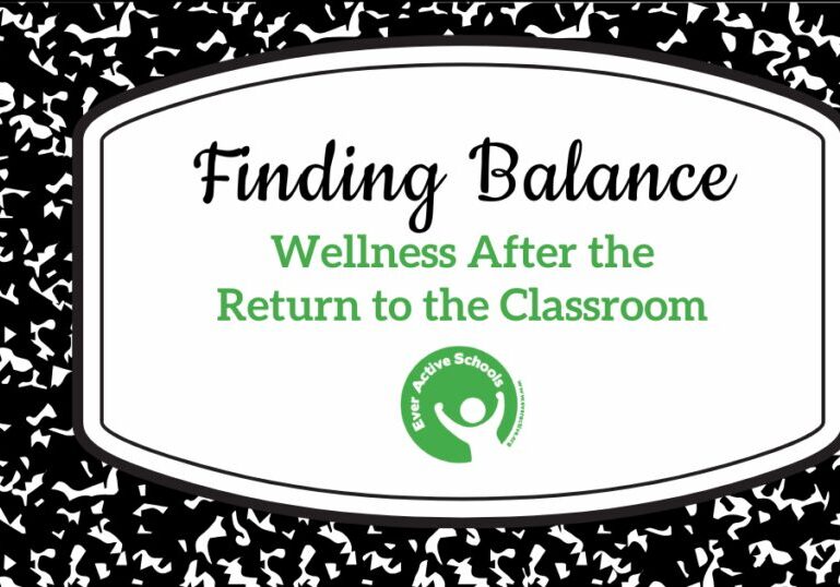 Notebook cover background with text that reads "Finding Balance: Wellness After the Return to the Classroom"